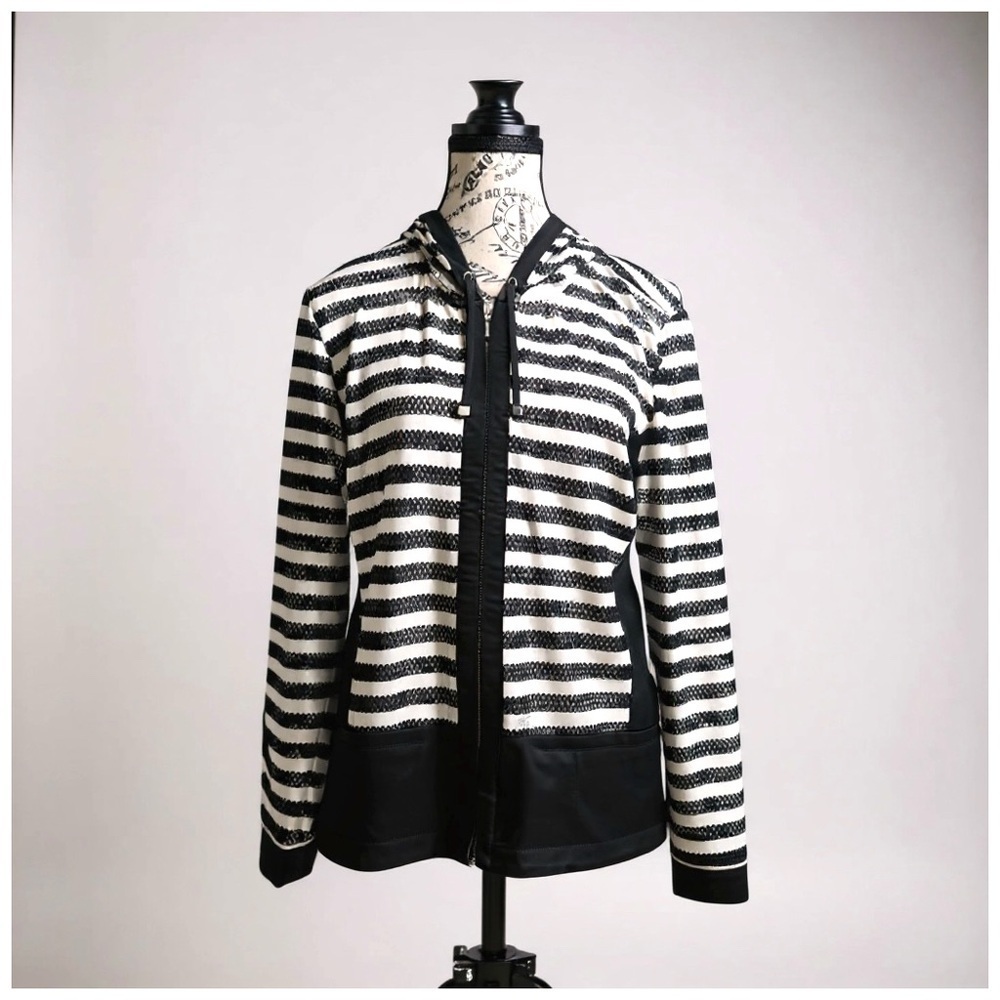 Zenergy By Chico’s Women’s ‘Neema’ Mesh Striped Jacket. Black, White. Size 1